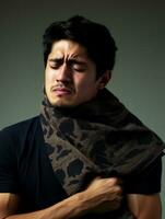 Mexican man with pain on neutral background AI Generative photo