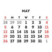 May 2024 month calendar. Vector illustration.