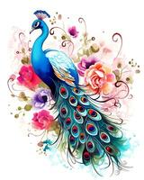 A colorful peacock with a large dark blue-red tail and a gold crown Vector background photo