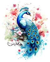A colorful peacock with a large dark blue-red tail and a gold crown Vector background photo