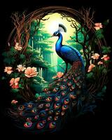 A colorful peacock with a large dark blue-red tail and a gold crown Vector background photo