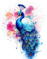A colorful peacock with a large dark blue-red tail and a gold crown Vector background photo