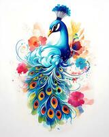 A colorful peacock with a large dark blue-red tail and a gold crown Vector background photo