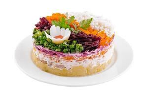 Layered salad with beet, herring, carrots and potatoes on plate photo