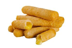 Pile of tasty cheese sticks isolated on white photo