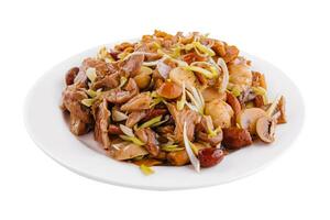 Pickled mushrooms in plate with spices photo