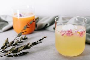 pineapple and carrot juices in glass with cubes Ice photo