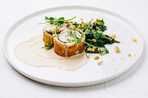 Meatloaf with mushroom sauce and walnut salad photo