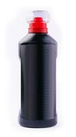 Black plastic bottle with red cap for detergent photo