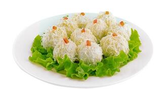 Cheese balls with garlic and mayonnaise on lettuce leaf photo