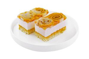 two slices cheese cake with jellied layer photo