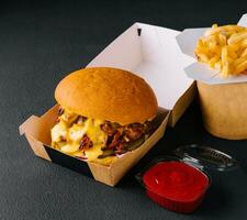 Pulled pork burger and french fries photo