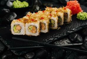 Japanese food, bonito sushi with fried salmon photo