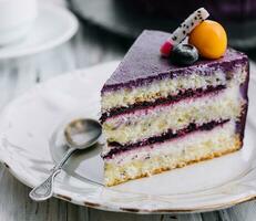 Classic blueberry cheesecake on the kitchen table photo