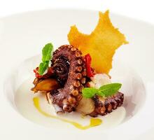 Grilled octopus on plate on white photo
