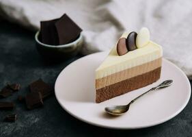 Chocolate Layered Mousse Cake on plate photo