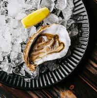 Fresh raw open oyster with ice and lemon slices photo