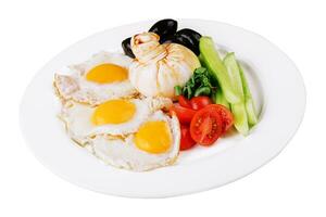 burrata with fresh vegetables and fried eggs photo