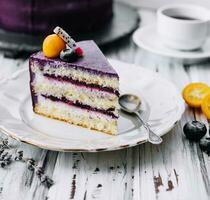 Classic blueberry cheesecake on the kitchen table photo