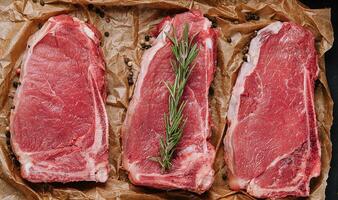 Raw strip loin steaks on baking paper photo