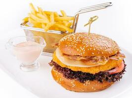 Crispy fried chicken burger served with french fries photo