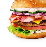 Delicious burger with bacon on white background photo