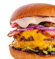 Bacon cheese burger with beef patty tomato onion photo