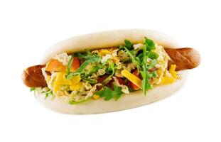 Healthy and tasty hot-dog with big grilled sausage photo