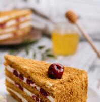 Homemade honey cake with cherry on plate photo