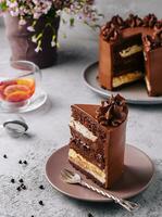 Plate with slice of tasty homemade chocolate cake photo