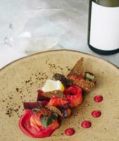 Salted salmon with beetroot sauce and wine photo