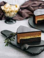 A piece of banana chocolate mousse cake photo