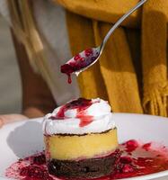 postre con chocolate-vainilla capa, blanco crema y Cereza mermelada foto