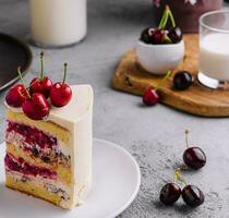 un pedazo de Leche pastel con cerezas foto