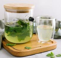 green tea in a jug and a cup with mint photo