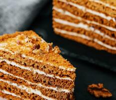 Slice of honey cake close up photo