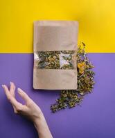 Paper bag with dry loose leaf tea photo