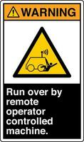 ANSI Z535 Safety Sign Marking Label Symbol Pictogram Standards Warning Run over by remote operator controlled machine with text portrait black vector