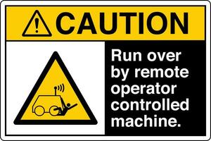 ANSI Z535 Safety Sign Marking Label Symbol Pictogram Standards Caution Run over by remote operator controlled machine with text landscape black vector