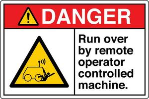 ANSI Z535 Safety Sign Marking Label Symbol Pictogram Standards Danger Run over by remote operator controlled machine with text landscape white vector