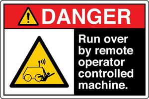 ANSI Z535 Safety Sign Marking Label Symbol Pictogram Standards Danger Run over by remote operator controlled machine with text landscape black vector