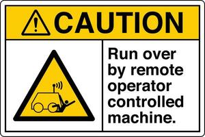 ANSI Z535 Safety Sign Marking Label Symbol Pictogram Standards Caution Run over by remote operator controlled machine with text landscape white vector