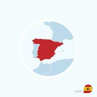 Map icon of Spain. Blue map of Europe with highlighted Spain in red color. vector