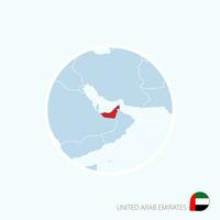 Map icon of United Arab Emirates. Blue map of Middle East with highlighted UAE in red color. vector