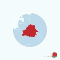 Map icon of Belarus. Blue map of Europe with highlighted Belarus in red color. vector