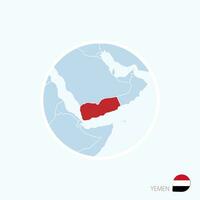 Map icon of Yemen. Blue map of Middle East with highlighted Yemen in red color. vector