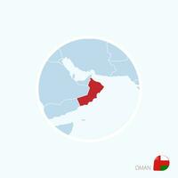 Map icon of Oman. Blue map of Europe with highlighted Middle East in red color. vector