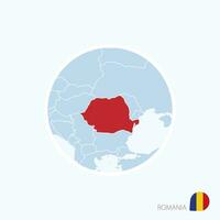 Map icon of Romania. Blue map of Europe with highlighted Romania in red color. vector