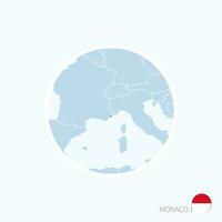 Map icon of Monaco. Blue map of Europe with highlighted Monaco in red color. vector