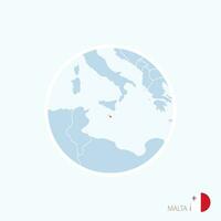 Map icon of Malta. Blue map of Europe with highlighted Malta in red color. vector